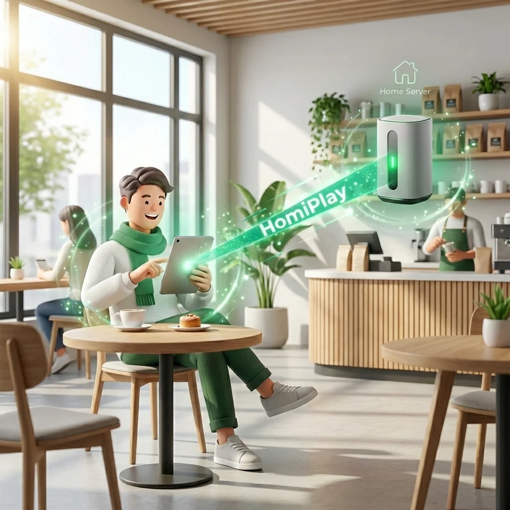 使用者透過 HomiPlay 直連家中主機，享受低延遲流暢體驗